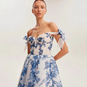 Vestido de noche de organza con estampado floral y hombros descubiertos, cintura imperio, largo y elegante para mujer, azul y rosa - Product Image 4
