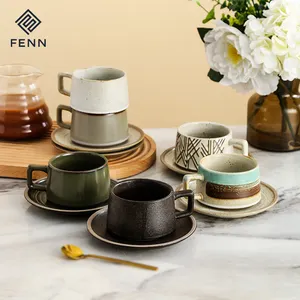 Wholesale 250ml hand painted tea cup vintage ceramic espresso coffee cup and saucer for restaurant