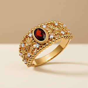 <b>Garnet</b> 925 Sterling <b>Silver</b> <b>Ring</b> - Oval Bezel Stone with Floral Filigree - Product Image 2