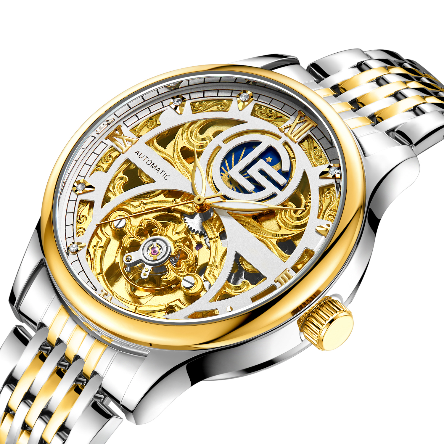 OLEVS - Montre Automatique Pour Homme Avec Tourbillon Et Calendrier - Étanche 3ATM, Bracelet Acier, Bleu/doré