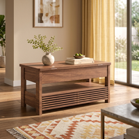 Table basse relevable à deux niveaux en noyer avec rangement dissimulé, étagère à persiennes et pieds carrés épais pour salon OEM ODM