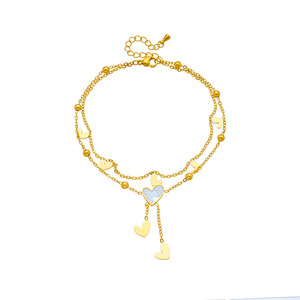 Tobillera de doble cadena con múltiples corazones, chapada en oro, de acero de titanio, con dijes de borla de concha, informal, que no se deslustra - Product Image 6