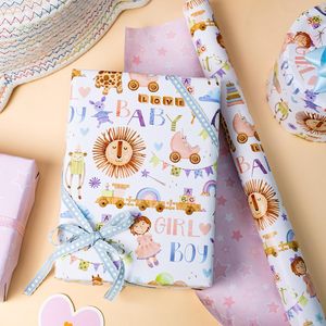 Neutral baby shower Gift wrapping <b>paper</b> Colorful cartoon giraffe and baby <b>pattern</b> Double sided printing Customizable - Product Image 1