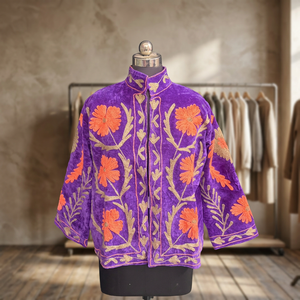 Purple Velvet Suzani <b>Embroidered</b> <b>Jacket</b> Floral Suzani Coat <b>Women</b> Boho Open Front Winter Short Kimono Ethnic Party <b>Jacket</b> - Product Image 5