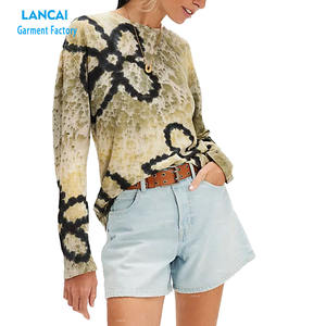 T-shirt à imprimé floral en chanvre et en lin pour femmes, T-shirt à manches longues à encolure ras du cou pour le printemps et l'été - Product Image 2