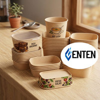 Bol en papier kraft écologique avec couvercle, conteneur jetable pour salade, soupe, fruits, emballage alimentaire