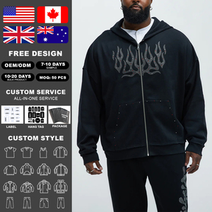 Sudadera con capucha KingSen de algodón grueso de alta calidad con cremallera, estilo oversize, personalizada con pedrería de llamas, para hombre - Product Image 2
