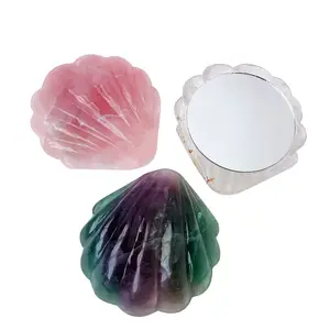 New arrival DIY Crystal Stone Shell fluorite rose quartz beauty shell mirror hand held for female Valentine's Day