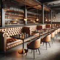 Rétro américain Bois Orange Cuir Fast Food Restaurant Diner Booth Seating Sofa Cafe Round Dining Table and Chair Set for Sale