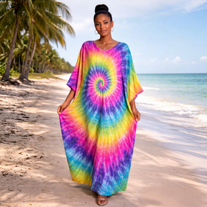 Robe longue kaftan tie-dye pour femme, grande taille, mode estivale, cache-maillot, vente en gros, fabricant de tissus personnalisés OEM ODM - Product Image 1