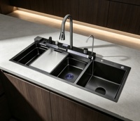 Évier de cuisine multifonctionnel en acier inoxydable noir nano double bac, fait main, style moderne, avec robinet cascade et égouttoir à vaisselle