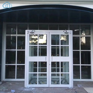 Porte double battante commerciale moderne en aluminium blanc avec grille de verre, ferme-porte coupe-vent et transom latéral pour café, restaurant, villa - Product Image 1