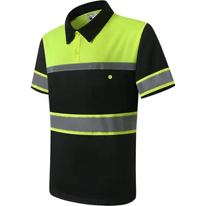 Hi Vis kaus Polo reflektif pria, kaus keamanan kerja lengan pendek bernapas dengan saku