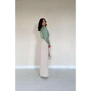 Pantalon plissé beige confortable pour femme, style évasé, taille élastique, léger, en mélange doux, coloré, décontracté, taille XL, idéal pour le bureau (vente en gros) - Product Image 1