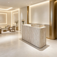 Bureau de réception ovale en marbre naturel de luxe en forme de L avec éclairage LED intégré, style européen moderne pour hôtels de charme