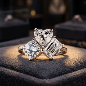 Bague de fiançailles en or blanc à trois pierres, diamant taille cœur, taille émeraude, certifiée GIA, style classique pour femme - Product Image 1