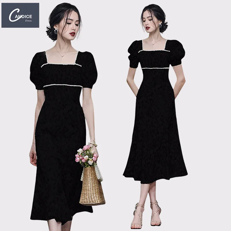 Candice alta calidad estilo coreano puff manga perla una línea negro vestidos de fiesta mujeres noche elegancia