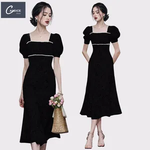 Candice high quality korean style puff sleeve pearl a line black party dresses women evening elegance