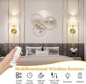 LED 북유럽풍 철제 패브릭 독서등 (화이트 갓, 충전식 RGBCW 전구, 리모컨 포함) 침실 및 호텔 객실용 - Product Image 2