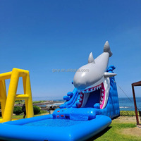 Bleu requin eau double voie château toboggan gonflable grand parc aquatique toboggan gonflable réservoir d'eau support piscine pour enfants