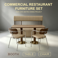 Ensemble de mobilier de restaurant commercial de luxe en gros : banquette capitonnée en cuir beige avec tables et chaises en noyer