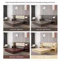 Suite de lit double moderne en panneaux de bois gris, avec tête de lit rembourrée à quatre compartiments, rainures verticales, éclairage mural et rangement, pour hôtel