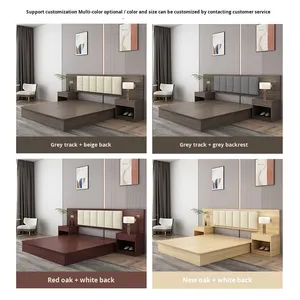 Suite <span class=keywords><strong>de</strong></span> <span class=keywords><strong>lit</strong></span> double en bois gris pour hôtel, avec tête <span class=keywords><strong>de</strong></span> <span class=keywords><strong>lit</strong></span> rembourrée à quatre compartiments, rangement intégré et rainures verticales lumineuses - Product Image 4