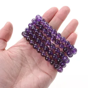 Gelang Tangan untuk Pria Wanita, Batu Permata Amethyst Bulat 8Mm Manik-manik Regang untuk Remaja Uniseks Untai Tunggal Dapat Ditumpuk