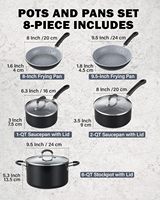 Ensemble de casseroles en aluminium antiadhésif Cook N Home 8 pièces avec couvercles en verre, compatible induction - Comprend une casserole et des poêles (noir/marbre)
