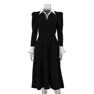 Doppia Zip Patchwork manica lunga primavera 2025 ufficio abiti lunghi donna donna donna elegante abito <span class=keywords><strong>nero</strong></span> con <span class=keywords><strong>colletto</strong></span> <span class=keywords><strong>bianco</strong></span> - Product Image 4