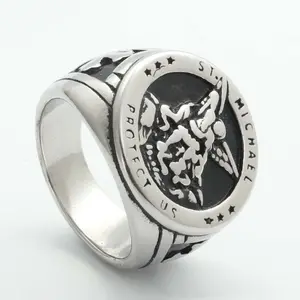chunky stainless steel michael san miguel the great protector archangel defeating satan catholic amulet finger ring