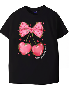 T-shirt a maniche corte stampata Cherry Bow da donna, stile dolce, girocollo, vestibilità regolare, 100% cotone, primavera estate - Product Image 1