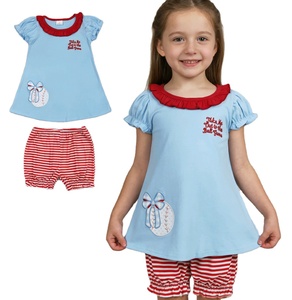 Conjunto de 2 Piezas de Ropa para Niña, Camiseta de Verano Informal con Bordado de Béisbol, Algodón y Spandex, con Volantes, Pantalones Cortos Tipo Bloomer - Product Image 1