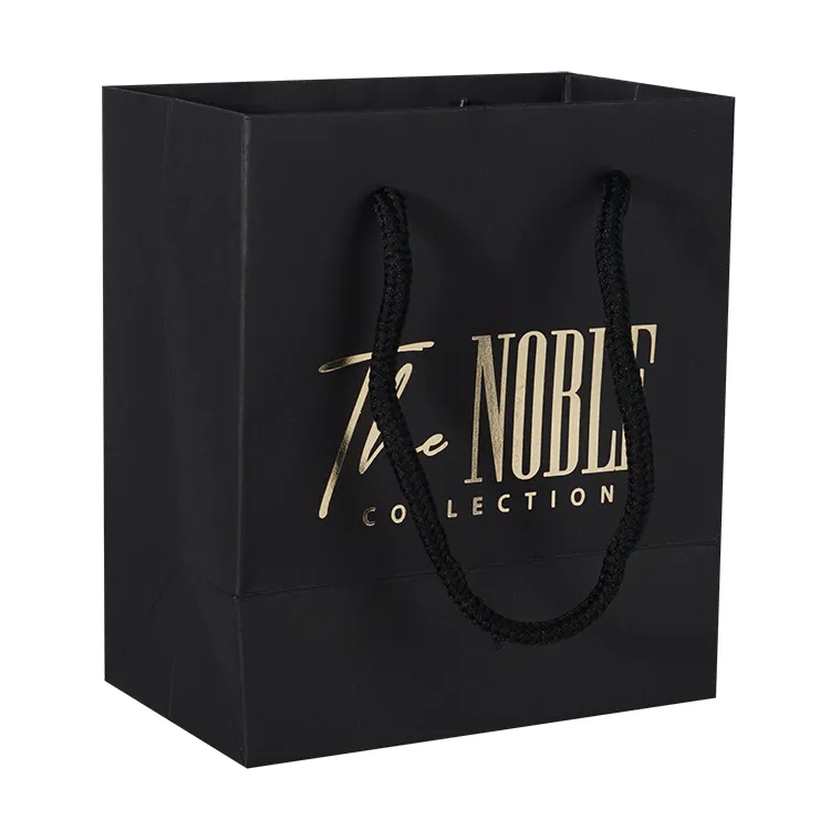 Logo personalizzato di lusso nero lucido sacchetto di carta per lo shopping all'ingrosso stampato al dettaglio gioielli artigianali per imballaggio cosmetico sacchetti di carta