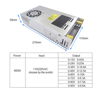 Fuente de Alimentación Conmutada de 600W CA a CC de 12V 24V 36V 48V 60V 80V con Doble Pantalla Digital Probador Ajustable de CC PSU SMPS