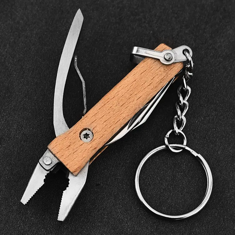 Groothandel Metalen Schattige Mini Multitool Sleutelhanger Compacte Houten Tang Met Mes Exquise Edc Sleutelhanger Tool