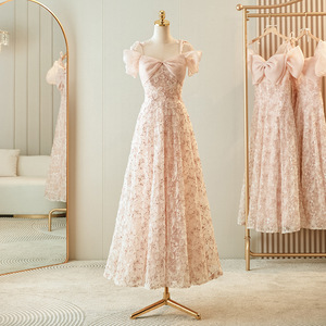 Pink Bridesmaid Dress Empire Waist A-Line Strapless 3D Floral Lace Evening Gown For Wedding Women - Product Image 5