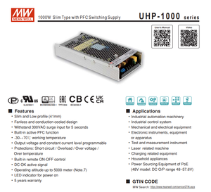 MEAN WELL UHP-1000-24 1008W 24V 42A Ultra Slim 41mm Fanless PFC Industrial Power Supply AC90‑264Vac - Product Image 2