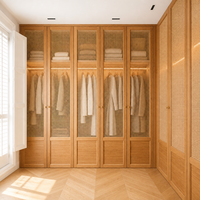 Armoire en bois sur mesure avec porte coulissante en rotin, grand tiroir de rangement, compartiment ouvert, meuble de chambre à coucher