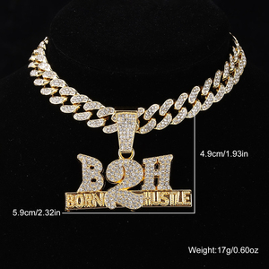 Collar de Moda con Colgante Iced Out Hiphop Born 2 Hustle y Cadena Cubana de Diamantes de 12 mm - Product Image 2