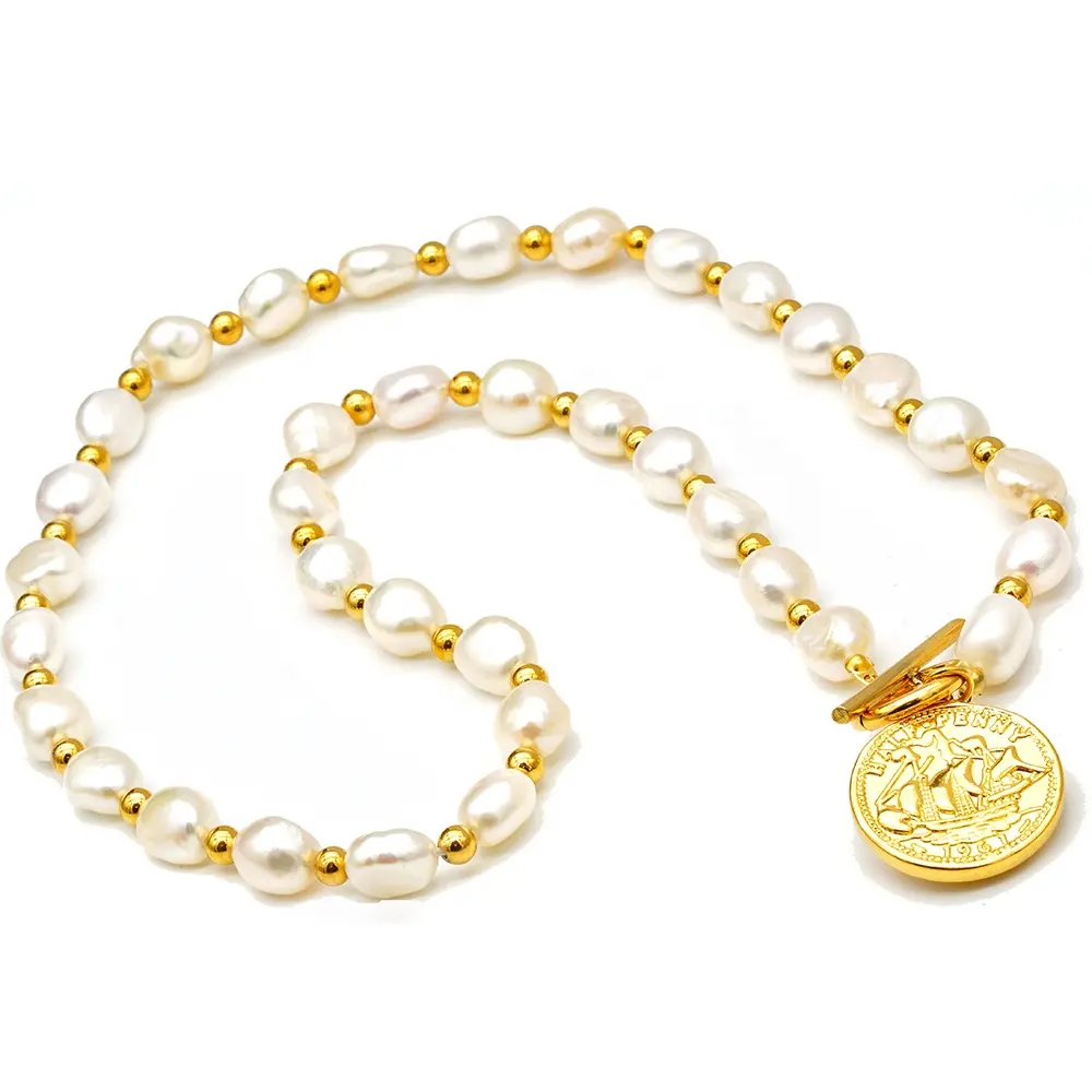 Gold Bead Stainless Steel Pearl Necklace Set Jewelry Bulk