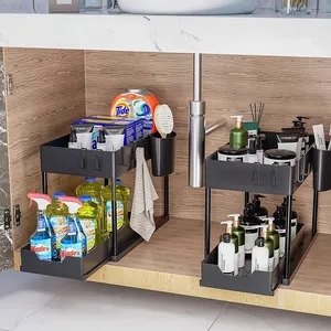 New Space-Saving 2-Tier Under Sink Shelf Organizer With Hooks For Kitchen Bathroom Cabinet Storage Drawer