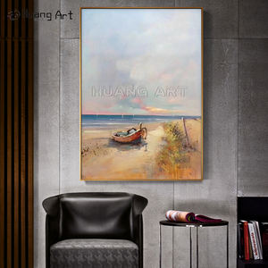 Pintura al óleo de paisaje de estilo moderno hecho a mano sobre lienzo pintor experto amanecer paisaje marino para decoración de habitación barco estacionado junto al <span class=keywords><strong>lago</strong></span> - Product Image 5