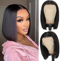 Perruque Lace Front en Cheveux Humains Vierges Brésiliens Grade 12A, Densité 13x4, Couleur Naturelle, Bob Court Permanente, Brun Foncé, Dentelle Française