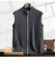 Gilet à col montant pour homme, cardigan zippé en cachemire, gilet tricoté sans manches