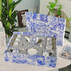Ensemble tasse et soucoupe à café en porcelaine fine, motif floral bleu émaillé, style européen, avec coffret cadeau - Product Image 4