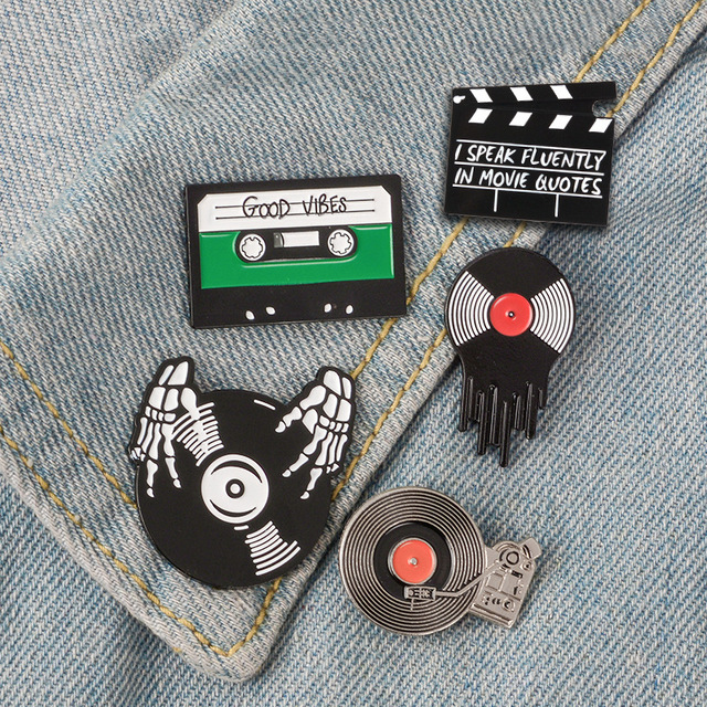 Punk Music Lovers Enamel Pin Good Vibes Tape DJ Vinyl Record Player Badge Brooch Lapel Pin Jeans Shirt Cool Gothic Jewelry Gift