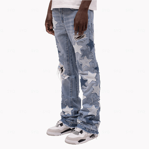 กางเกงยีนส์ทรงขากว้างสำหรับผู้ชายกางเกงยีนส์ดีไซน์แฟชั่นสตรีทแบบเย็บปะติด - Product Image 2