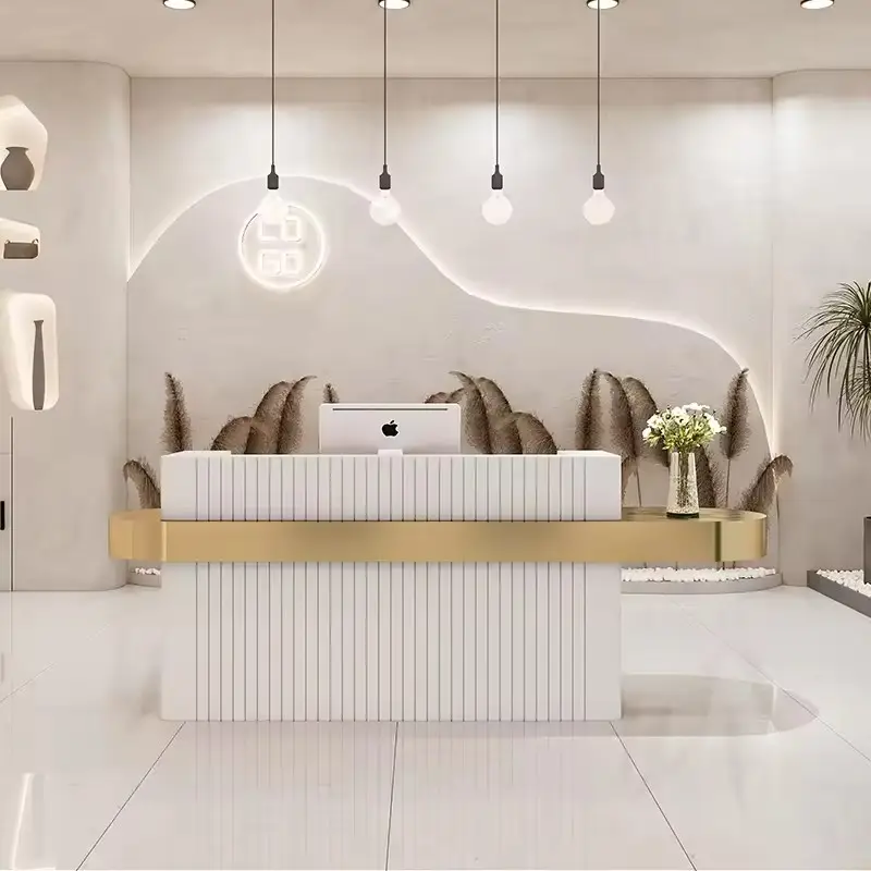 Commercio all'ingrosso bellezza barbiere legno bianco ufficio Spa oro moderno piccolo tavolo anteriore salone Reception