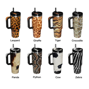 Custom <strong>Cowprint</strong> Stainless Steel Vacuum Insulated Travel Mug 40oz Tumbler with Handle and Straw - Product Image 1